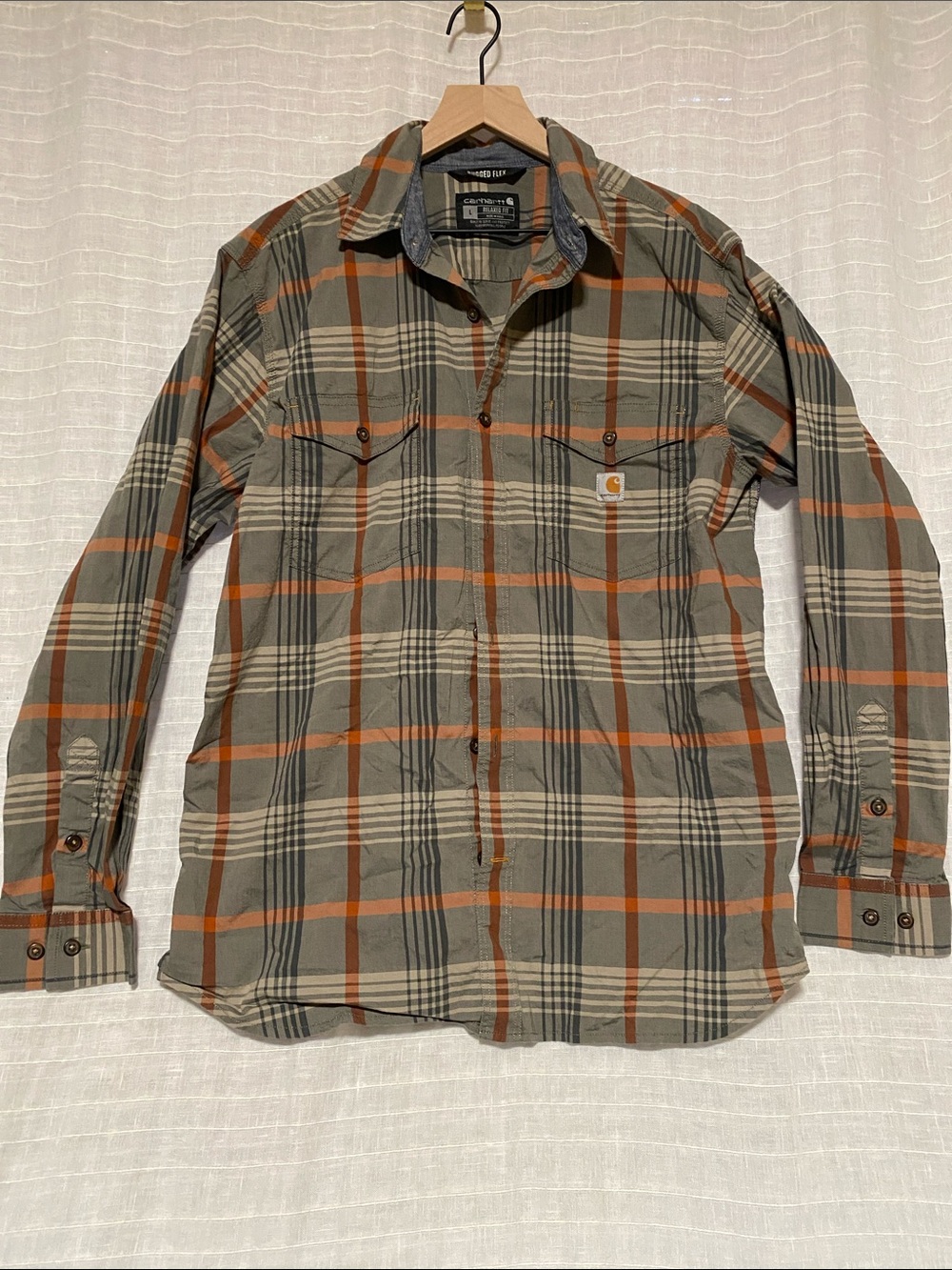 Carhartt Green Plaid Work Shirt with Orange Stripes